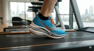 Diagram illustrating how carbon fibre plates improve ankle joint leverage and propulsion during running.