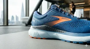 Close-up of a running shoe showing reinforced arch support structure.