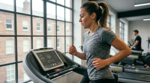 A person cooling down after a treadmill workout, wearing lightweight, breathable athletic gear.