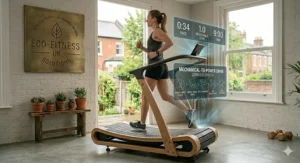 A minimalist home gym setup featuring a zero-electricity, sustainable treadmill.