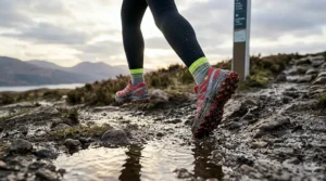 Close-up of deep-lug rubber sole on high-performance trail running shoes.