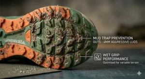 Rubber outsole pattern showing aggressive tread depth for traction on slippery terrain.