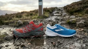 Comparison of tread patterns between road trainers and trail running shoes.