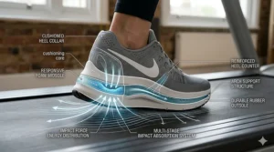 A detailed 4K photorealistic illustration of the specific grey cushioned running trainer mid-stride on the treadmill surface. A complex technical cross-section diagram is overlaid, using white and translucent blue lines to visualise dynamic impact force distribution and absorption within the midsole layers and treadmill belt, with minimalist text callouts.