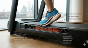 Technical illustration of a treadmill deck and shoe interaction, highlighting carbon plate reinforcement.
