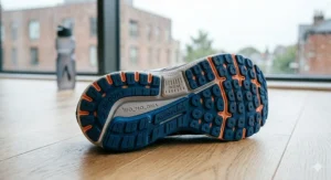 Close-up of the rubber outsole on wide-fit running shoes for treadmill grip.
