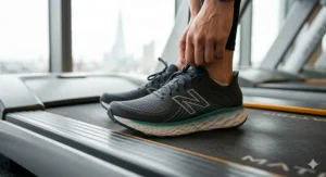 Close-up of foam cushioning on high-performance treadmill running shoes.