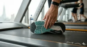 Underside of a treadmill running shoe showing specialised rubber grip for indoor gym use.