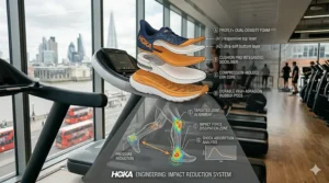 Engineering analysis of a running shoe showing dual-density foam and its impact on joint alignment and pressure reduction.