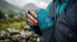 A foldable, lightweight waterproof running jacket being packed into a small running vest pocket.