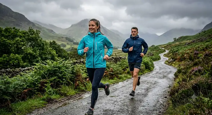 A runner wearing a lightweight waterproof running jacket during a rainy training session in the British countryside. waterproof running jacket