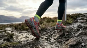 Waterproof trail running shoes navigating through wet, muddy conditions.
