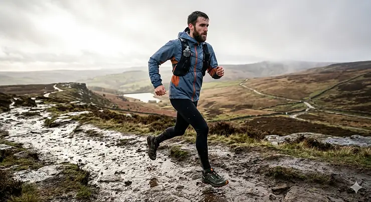 A pair of waterproof trail running shoes featuring deep lugs for grip on a wet, muddy forest track.