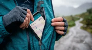 Close-up of water-resistant zipped pockets on a running jacket for secure phone storage.