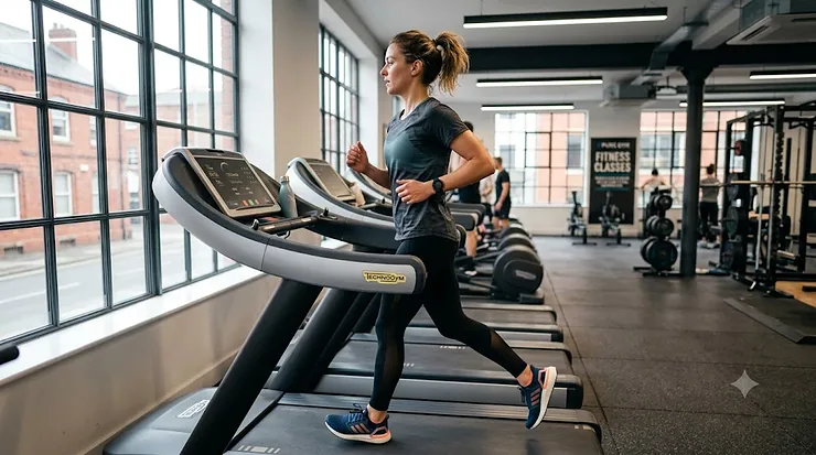 A person wearing comfortable, breathable gym kit walking on a treadmill in a modern fitness centre. what to wear on treadmill