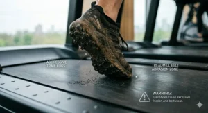 Graphic showing why trail trainers with deep lugs are unsuitable for smooth treadmill belts.
