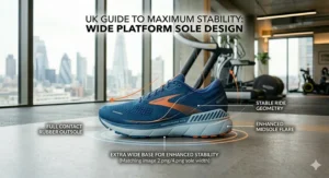 Side view showing the wide, stable base of a high-performance running shoe.