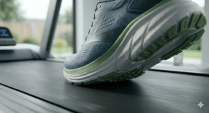 Close-up of the forefoot of a neutral running trainer, emphasizing a wide toe box for natural foot movement on the treadmill.