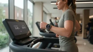 A runner using a high-precision running watch to track treadmill distance for improved training.