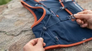 Close-up of adjustable side straps on a running hydration vest for a secure, bounce-free fit.