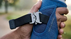 A detailed close-up of a hand gripping the bottle, highlighting the adjustable, cushioned strap that provides a secure, grip-free experience.