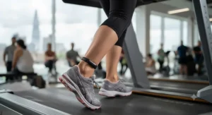 A unique angle from behind the treadmill, focusing on the back of the runner's legs while her fitness tracker monitors her step count and cadence.