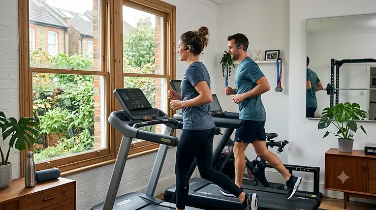 A person running on a treadmill at a home gym wearing bone conduction headphones for a safe and comfortable workout. bone conduction headphones treadmill