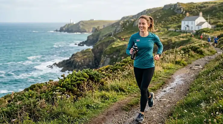 Runner holding an ergonomic handheld water bottle while jogging through a British park. handheld water bottle for running