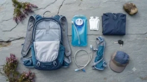 Flat-lay display of a running backpack with water bladder, showing the main pack, hydration hose, and adjustable chest straps.