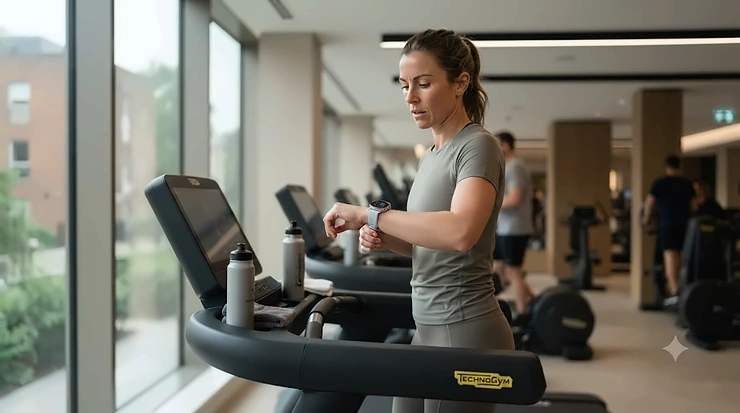 A runner checking their heart rate on a sleek running watch while using a treadmill at a gym. running watch for treadmill