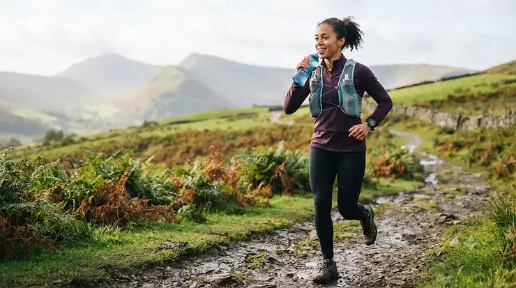 A female runner drinking from a lightweight soft flask during a trail run in the British countryside. soft flask for running