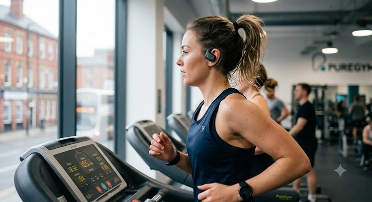 A person running on a treadmill at a UK gym wearing secure-fit wireless earbuds during a high-intensity workout. wireless earbuds for treadmill workout