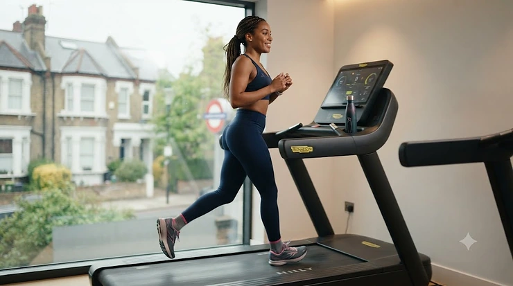 A female runner in a modern home gym, wearing technical anti-blister socks while using a treadmill, with a view of London terraced houses outside. blister prevention socks treadmill