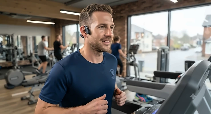 Close-up of a runner in a UK fitness centre hearing ambient gym sounds while wearing open-ear bone conduction headphones. bone conduction vs earbuds for treadmill running