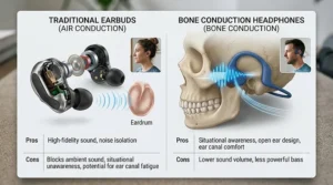 A comparison table showing why bone conduction headphones are often preferred over traditional earbuds for treadmill workouts.