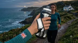 Detail view of a sweat-wicking, breathable strap on a handheld water bottle.