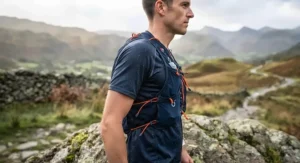 Detailed view of lightweight, moisture-wicking mesh fabric on a breathable race vest for ultramarathon endurance.