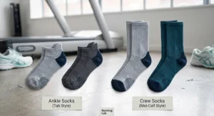 Stylised flat-lay showcasing different styles of treadmill socks for running comfort.