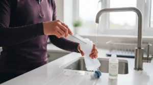 Using a bottle brush to clean the interior of a running soft flask in a kitchen sink.