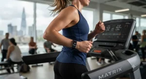 A focused close-up showing the interface of the dark fitness tracker, displaying pace, distance, and heart rate data in a busy gym environment.