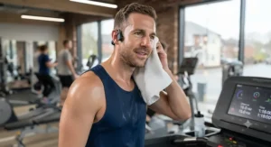 Runner wiping down with a towel after a long treadmill session, showing no inner-ear irritation from open-ear technology.