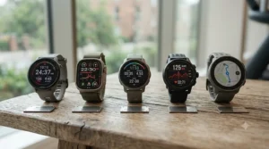 A selection of the best running watches for treadmill use displayed on a wooden surface.