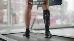 Side-by-side view comparing leg support with and without compression socks during treadmill training.