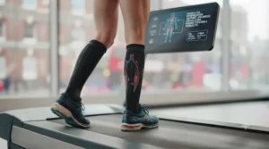 Diagram showing how compression socks support blood circulation during treadmill exercises.