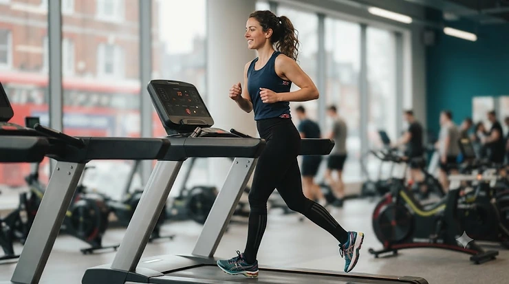 A runner using compression socks while training on a treadmill in a gym. compression socks treadmill workout