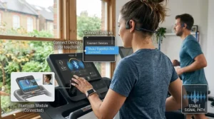 A runner pairing their Bluetooth bone conduction headphones with a modern gym treadmill console.