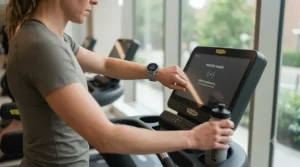 A runner wirelessly syncing their running watch to a treadmill console in a UK fitness centre.