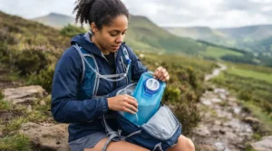 Hands sliding the removable hydration reservoir out of the main compartment of a running backpack with water bladder.