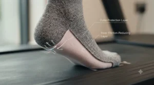 A detailed cross-section diagram illustrating a double-layer running sock, showing the inner layer designed to reduce friction and prevent blistering.