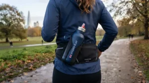 Robust stainless steel insulated running bottle resting on a path, highlighting its dent-resistant and BPA-free build.